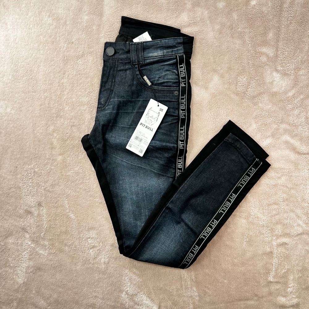 Pit Bull Premium Jeans Mens Dark Wash Black Side Tape Slim Fit Denim Pants NEW